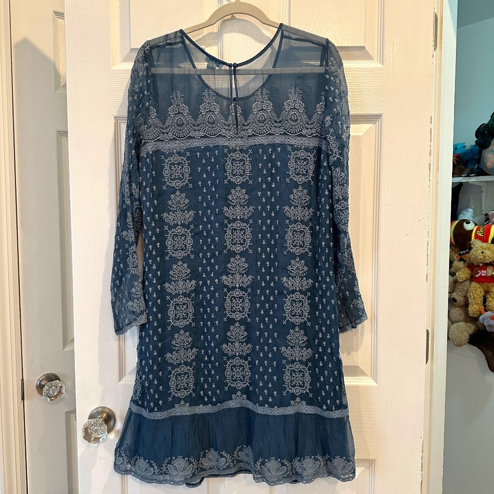 Slate Blue Long Sleeved Lacey Sundance Dress L - unworn